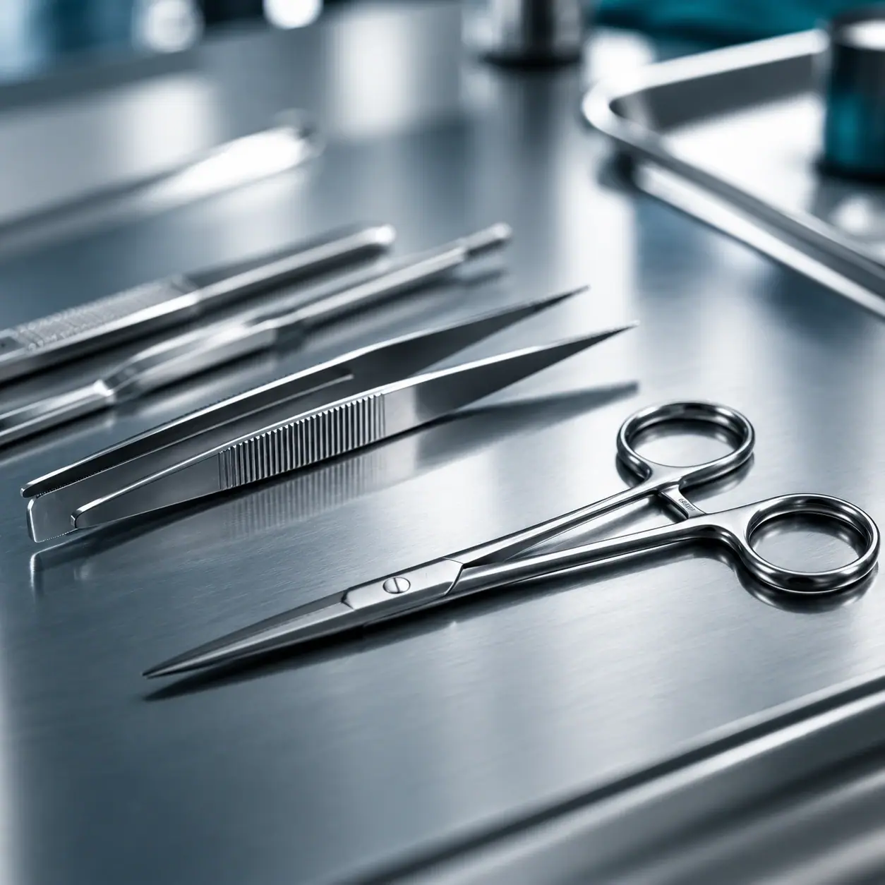 Stainless surgical scissors and instruments arranged on a clean surface