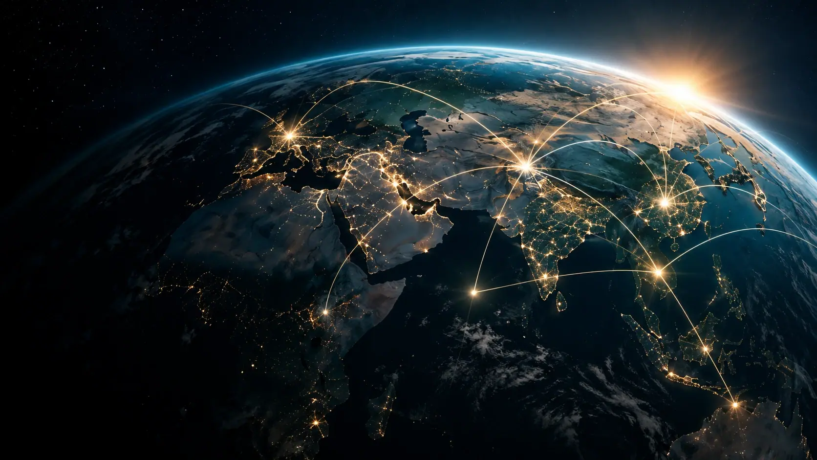 Earth at night with illuminated global trade routes