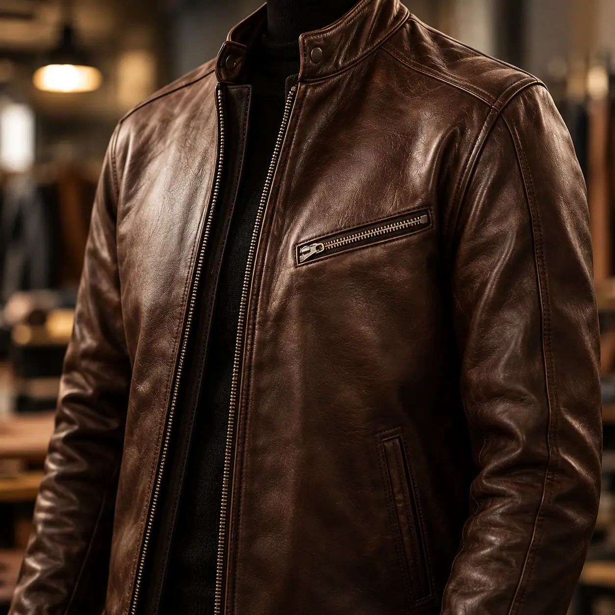 Brown leather jacket with detailed stitching